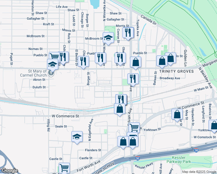 map of restaurants, bars, coffee shops, grocery stores, and more near 1002 Manacor Lane in Dallas