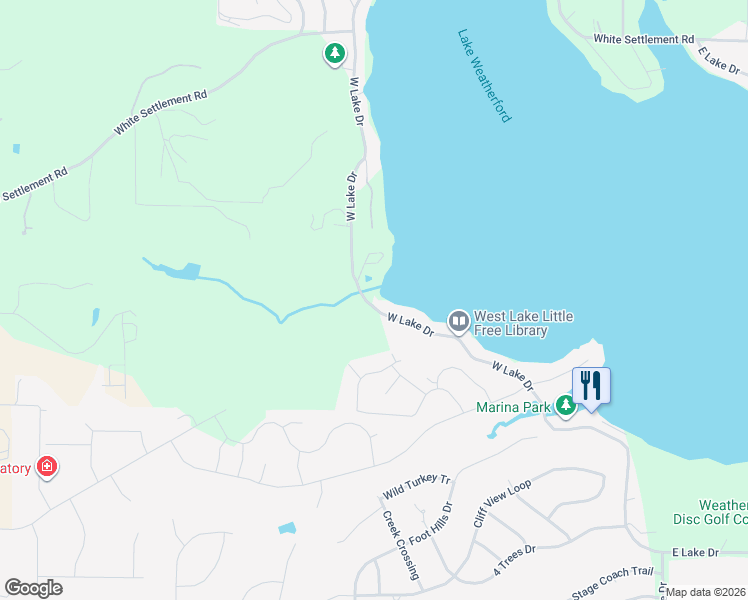 map of restaurants, bars, coffee shops, grocery stores, and more near 542 West Lake Drive in Weatherford