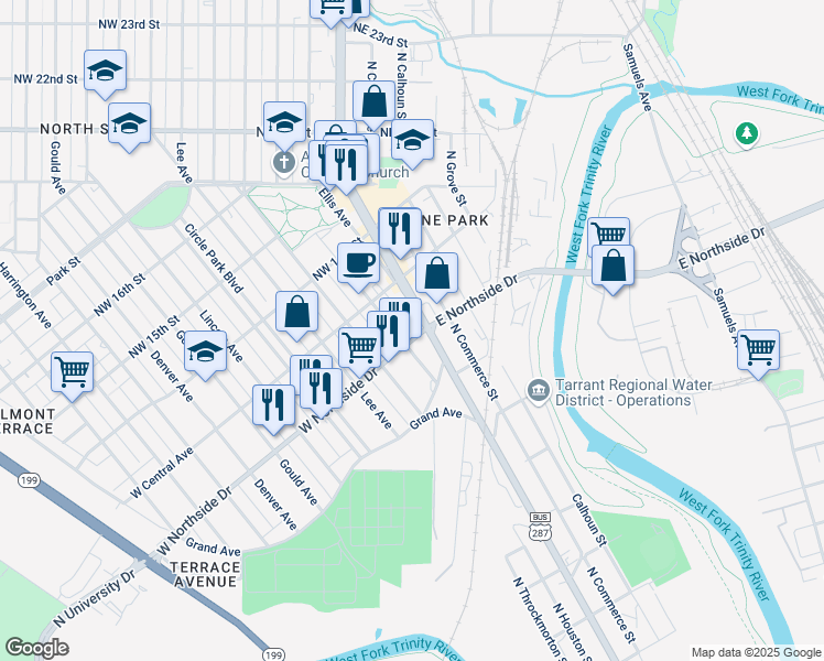 map of restaurants, bars, coffee shops, grocery stores, and more near 1310 North Houston Street in Fort Worth