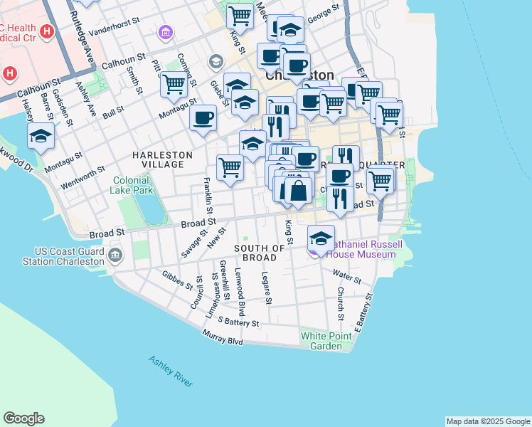 map of restaurants, bars, coffee shops, grocery stores, and more near 120 Broad Street in Charleston