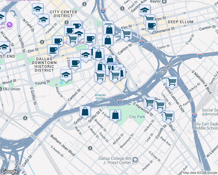 map of restaurants, bars, coffee shops, grocery stores, and more near 1011 South Harwood Street in Dallas