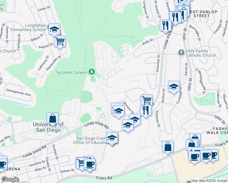 map of restaurants, bars, coffee shops, grocery stores, and more near 6404 Glidden Street in San Diego