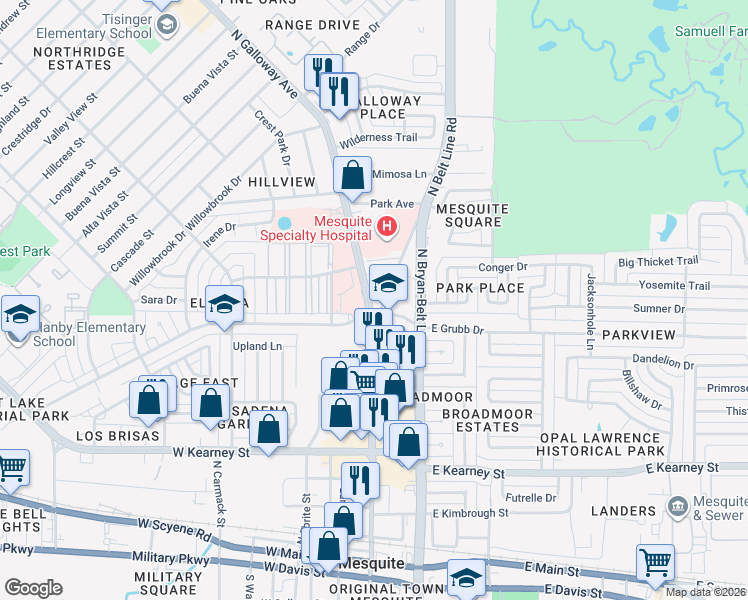 map of restaurants, bars, coffee shops, grocery stores, and more near 910 North Galloway Avenue in Mesquite