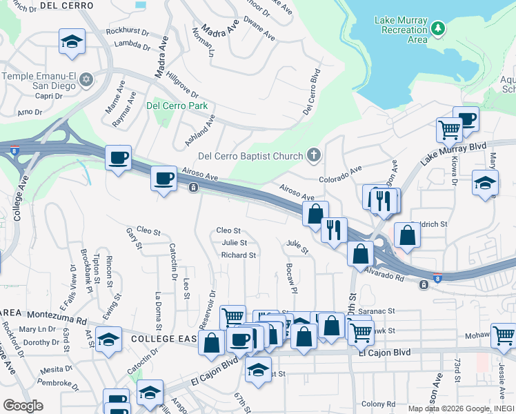 map of restaurants, bars, coffee shops, grocery stores, and more near 6799 Alvarado Road in San Diego