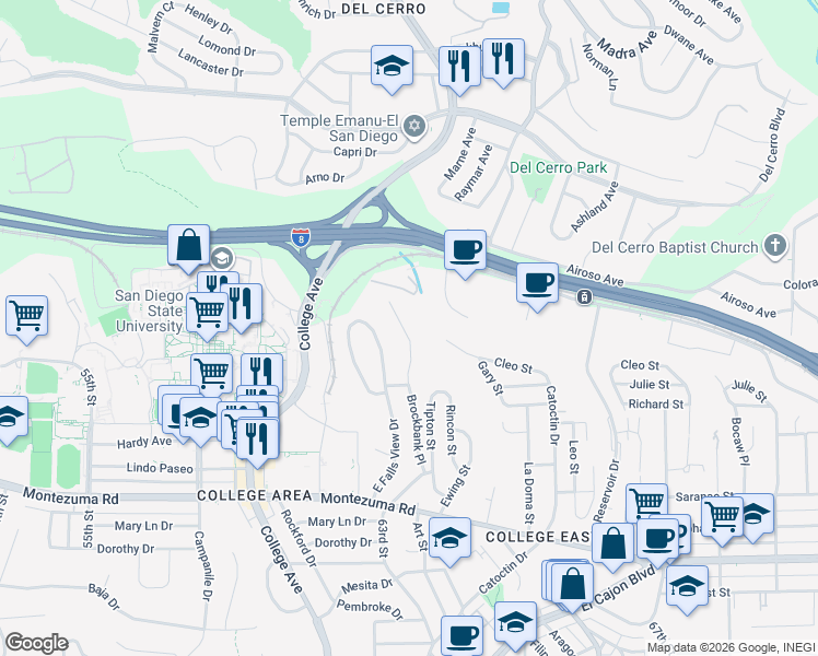 map of restaurants, bars, coffee shops, grocery stores, and more near 6363 Alvarado Court in San Diego