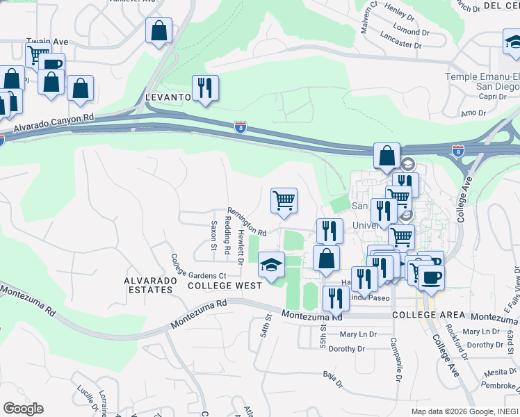 map of restaurants, bars, coffee shops, grocery stores, and more near 5441 Hewlett Drive in San Diego