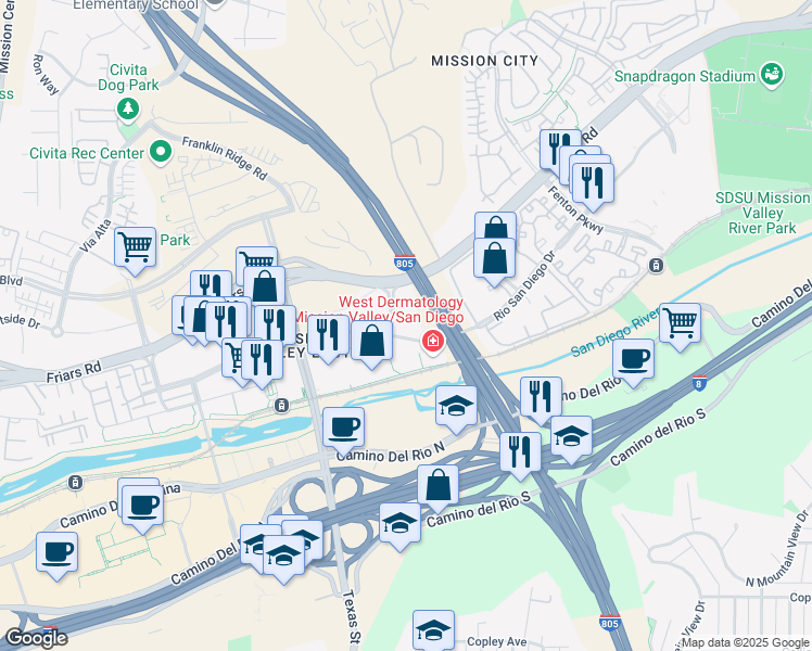 map of restaurants, bars, coffee shops, grocery stores, and more near 8954 Rio San Diego Drive in San Diego