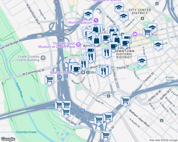 map of restaurants, bars, coffee shops, grocery stores, and more near in Dallas