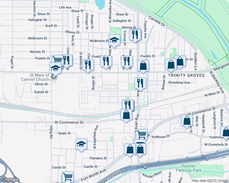 map of restaurants, bars, coffee shops, grocery stores, and more near 1002 Manacor Lane in Dallas