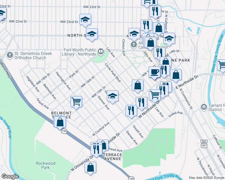 map of restaurants, bars, coffee shops, grocery stores, and more near 1513 Lincoln Avenue in Fort Worth