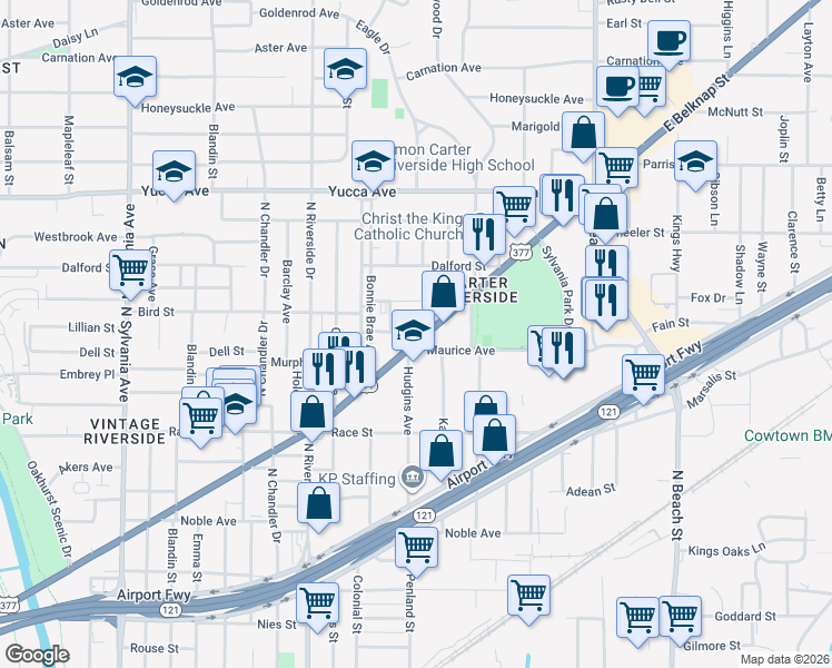 map of restaurants, bars, coffee shops, grocery stores, and more near 3511 East Belknap Street in Fort Worth