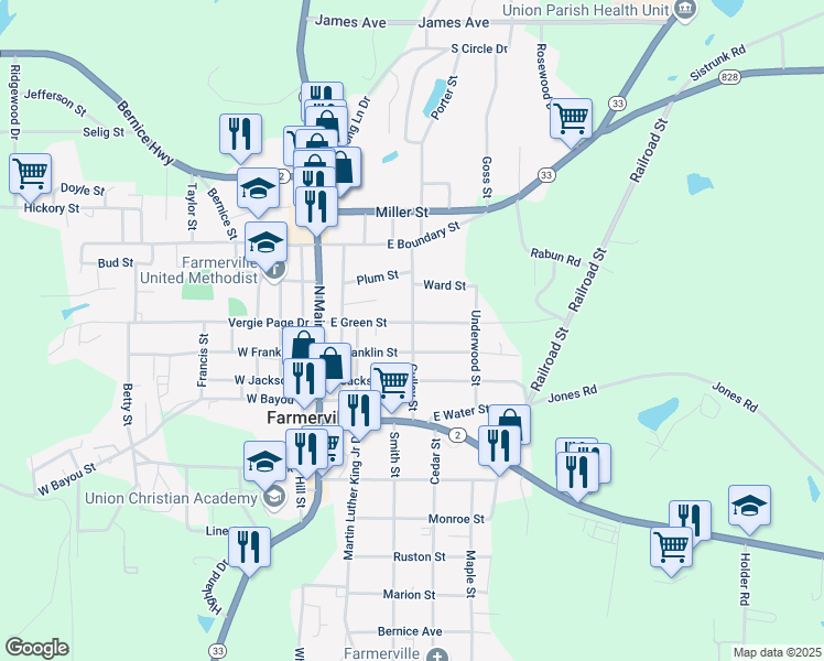 map of restaurants, bars, coffee shops, grocery stores, and more near Gulley Street in Farmerville