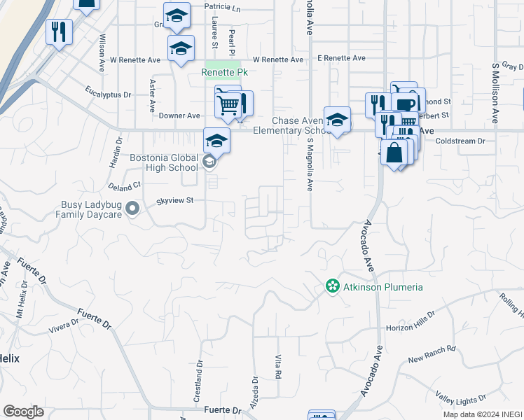 map of restaurants, bars, coffee shops, grocery stores, and more near 1440 South Orange Avenue in El Cajon