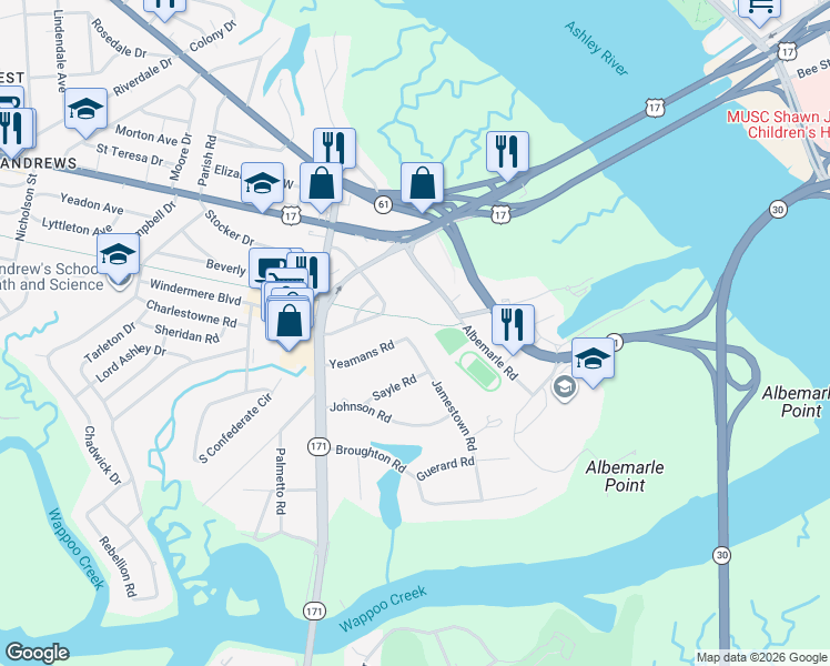 map of restaurants, bars, coffee shops, grocery stores, and more near 34 Jamestown Road in Charleston