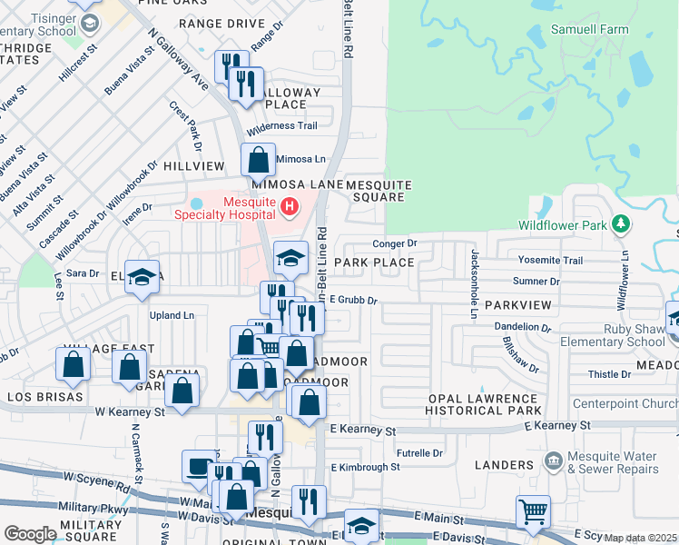 map of restaurants, bars, coffee shops, grocery stores, and more near 201 Conger Drive in Mesquite