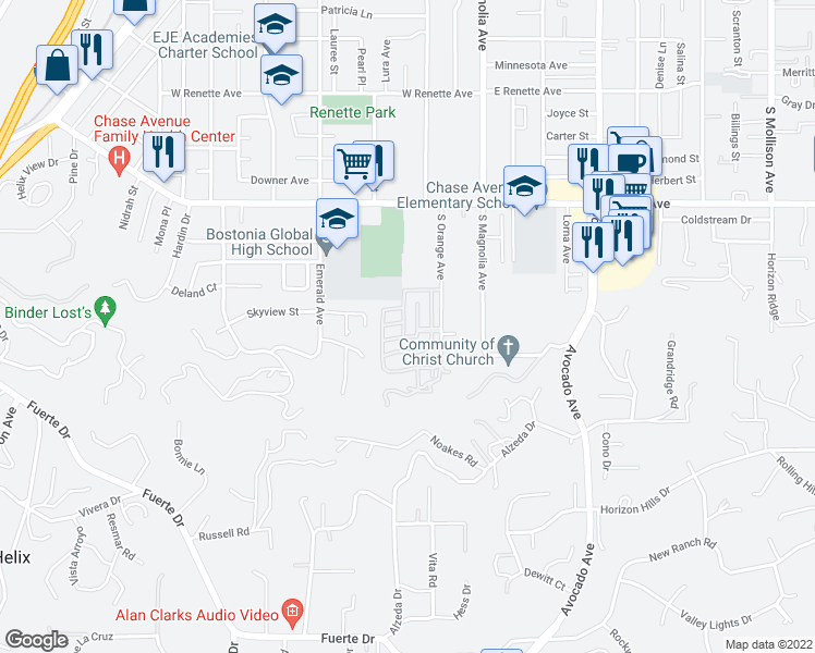 map of restaurants, bars, coffee shops, grocery stores, and more near 1440 South Orange Avenue in El Cajon