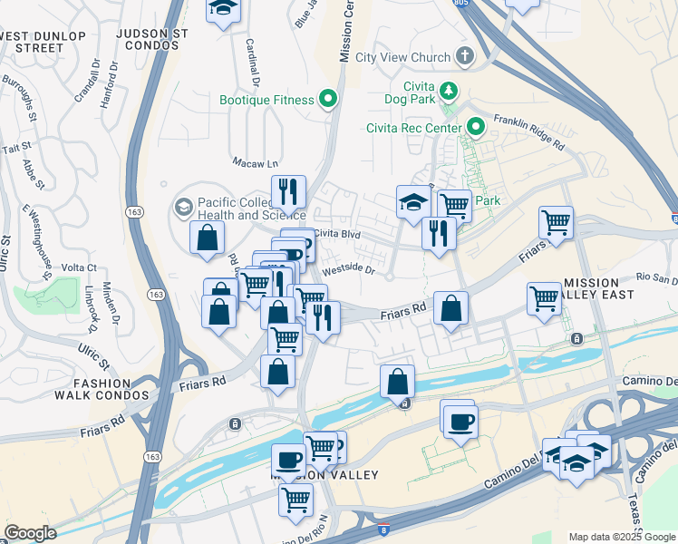 map of restaurants, bars, coffee shops, grocery stores, and more near 7777 Westside Drive in San Diego