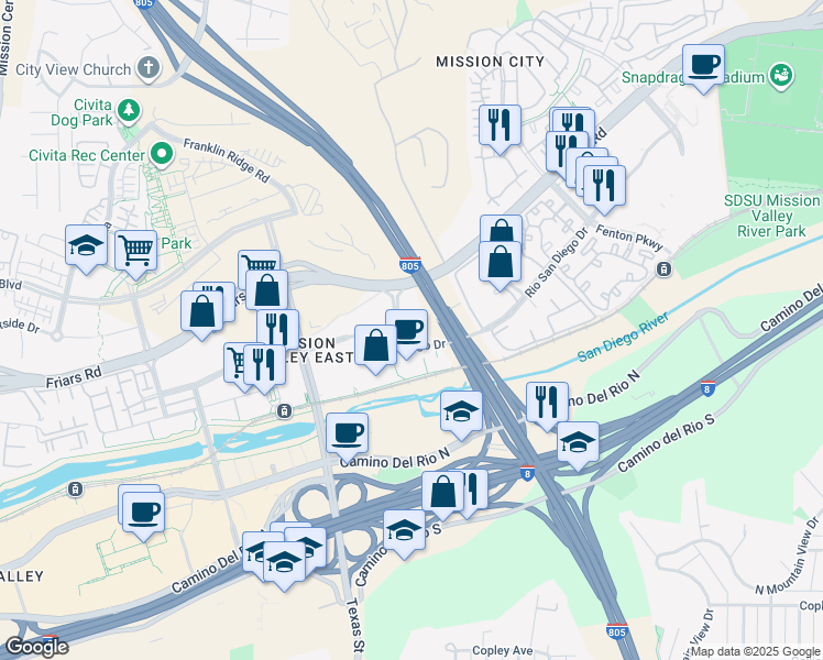 map of restaurants, bars, coffee shops, grocery stores, and more near 8954 Rio San Diego Drive in San Diego