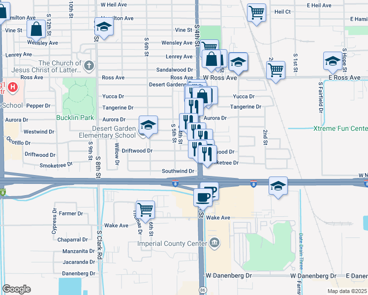map of restaurants, bars, coffee shops, grocery stores, and more near 1950 S 4th St in El Centro
