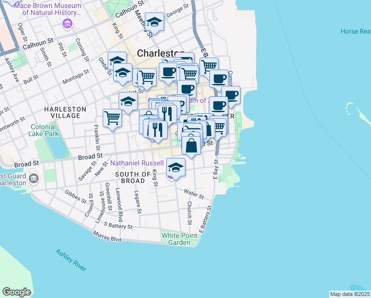 map of restaurants, bars, coffee shops, grocery stores, and more near in Charleston