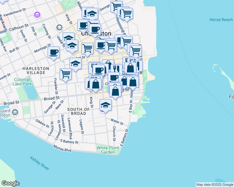 map of restaurants, bars, coffee shops, grocery stores, and more near 43 Broad Street in Charleston