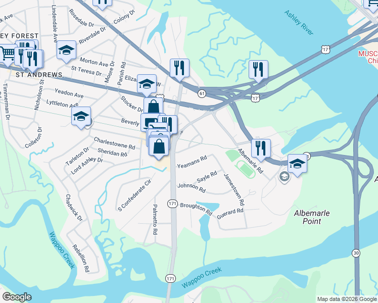 map of restaurants, bars, coffee shops, grocery stores, and more near 39 Fenwick Drive in Charleston