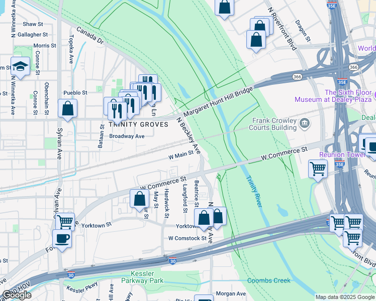 map of restaurants, bars, coffee shops, grocery stores, and more near 123 West Main Street in Dallas