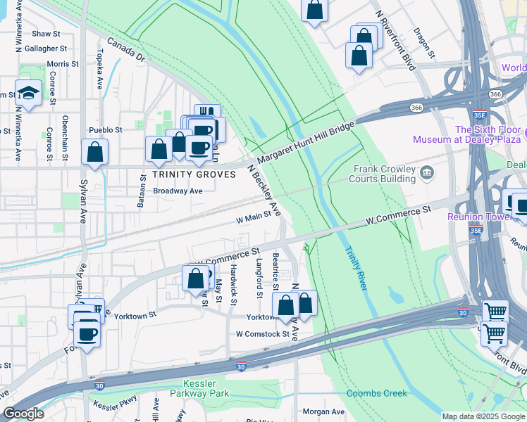 map of restaurants, bars, coffee shops, grocery stores, and more near 123 West Main Street in Dallas