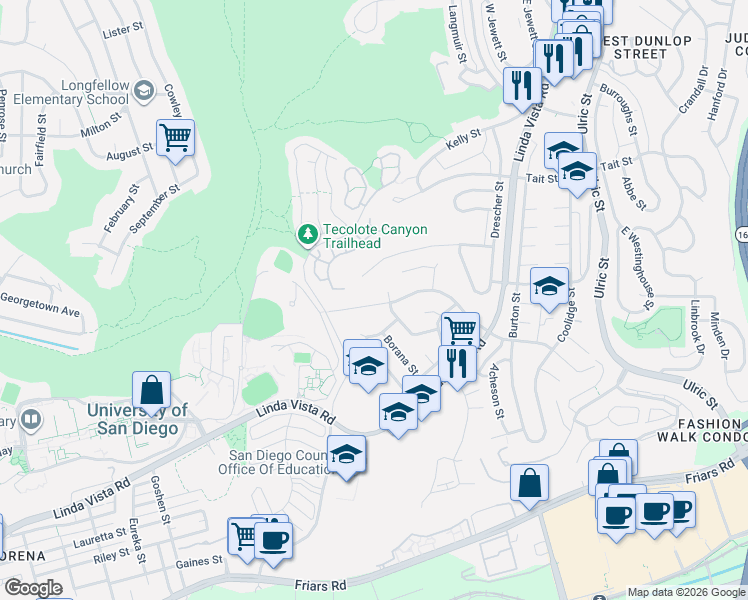 map of restaurants, bars, coffee shops, grocery stores, and more near 6448 Glidden Street in San Diego
