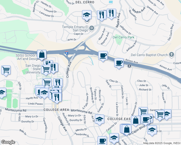 map of restaurants, bars, coffee shops, grocery stores, and more near 6363 Alvarado Court in San Diego