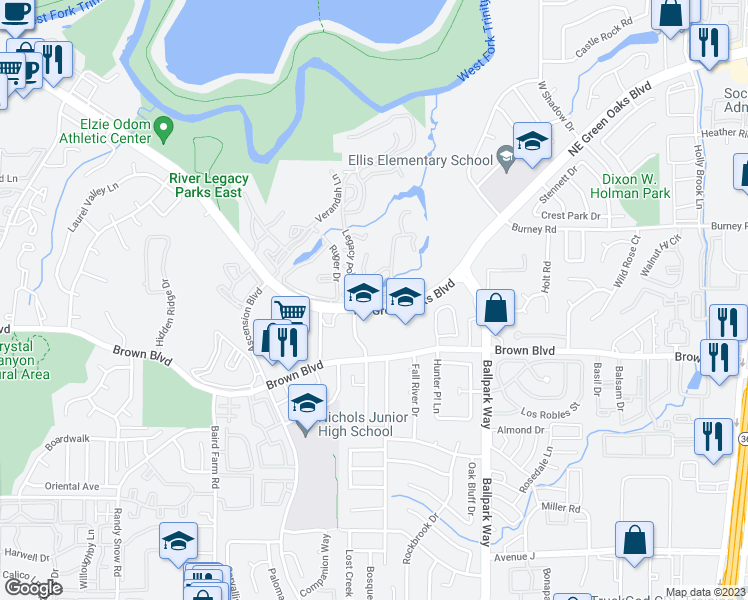 map of restaurants, bars, coffee shops, grocery stores, and more near 1900 Wilder Lane in Arlington