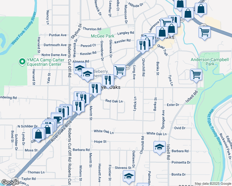 map of restaurants, bars, coffee shops, grocery stores, and more near 1013 Keith Pumphrey Drive in River Oaks