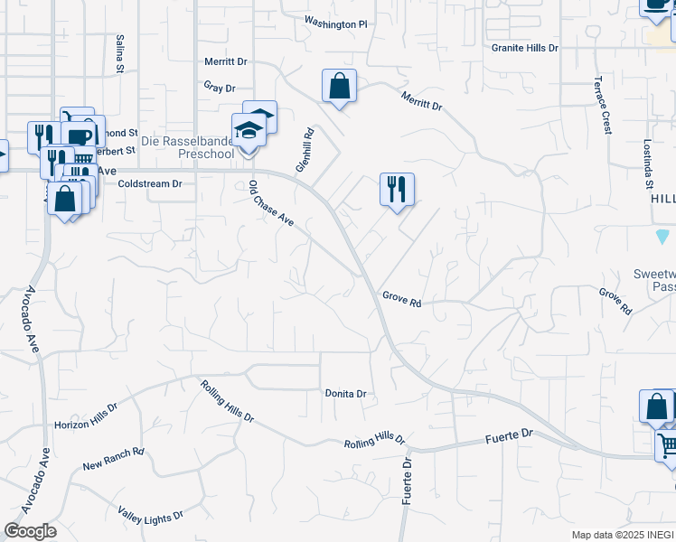 map of restaurants, bars, coffee shops, grocery stores, and more near 1325 Old Chase Avenue in El Cajon
