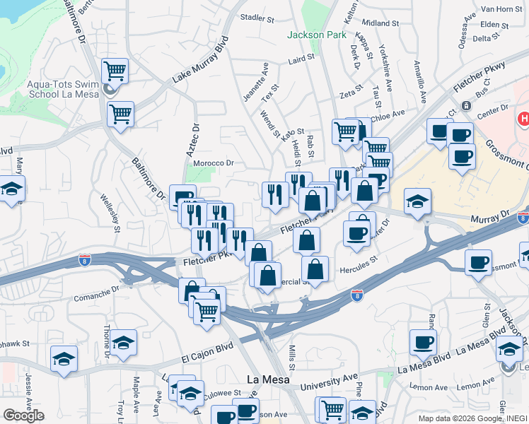 map of restaurants, bars, coffee shops, grocery stores, and more near 5360 Marengo Avenue in La Mesa