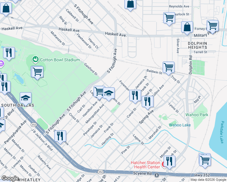 map of restaurants, bars, coffee shops, grocery stores, and more near 4315 Metropolitan Avenue in Dallas