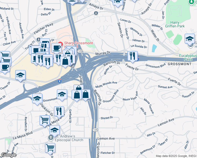 map of restaurants, bars, coffee shops, grocery stores, and more near 9100 Wister Drive in La Mesa