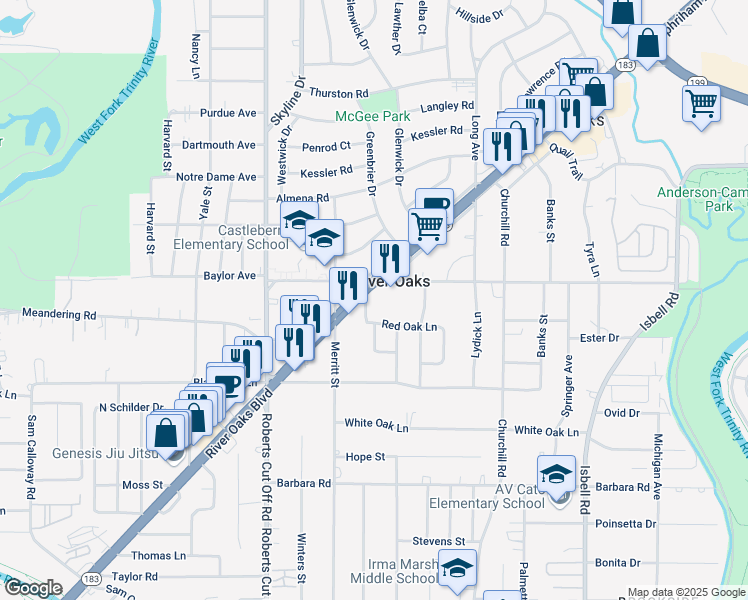map of restaurants, bars, coffee shops, grocery stores, and more near 1012 Red Oak Lane West in River Oaks