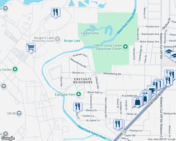 map of restaurants, bars, coffee shops, grocery stores, and more near Meandering Road in Fort Worth