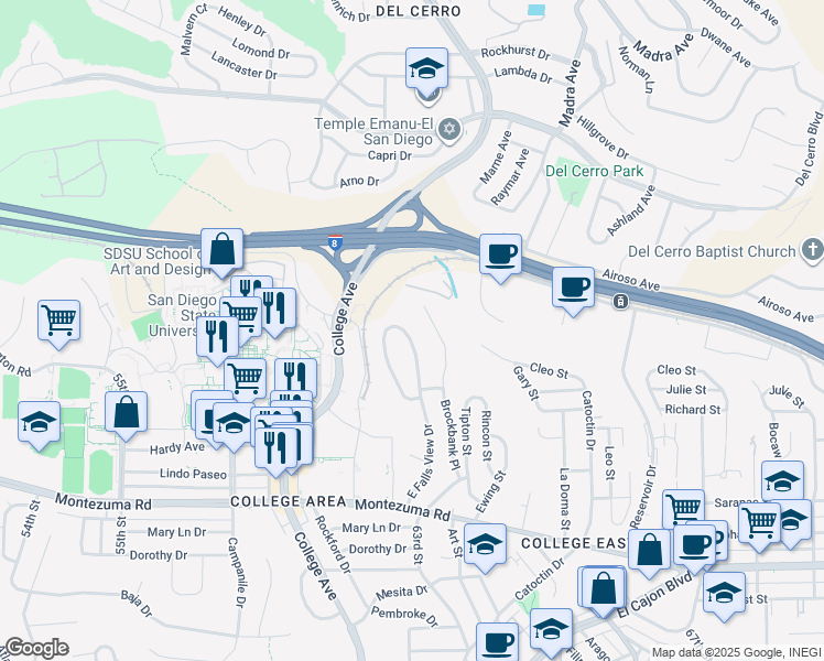 map of restaurants, bars, coffee shops, grocery stores, and more near 5416 Brockbank Place in San Diego