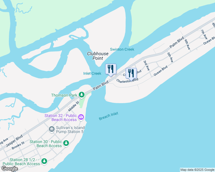 map of restaurants, bars, coffee shops, grocery stores, and more near 100 Ocean Boulevard in Isle of Palms
