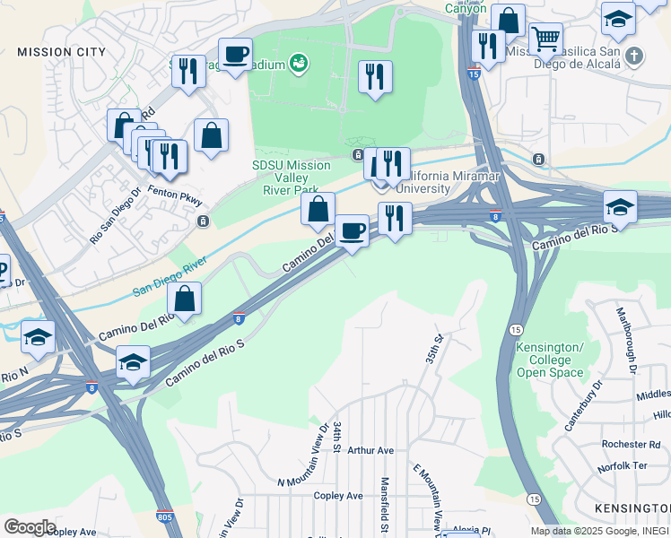 map of restaurants, bars, coffee shops, grocery stores, and more near 3375 Camino del Rio South in San Diego