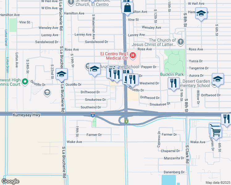 map of restaurants, bars, coffee shops, grocery stores, and more near 1501 Ocotillo Drive in El Centro