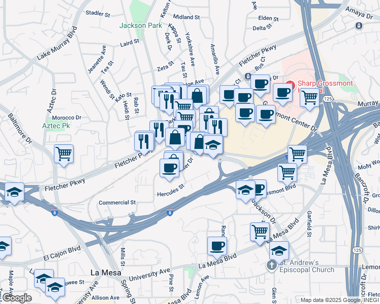 map of restaurants, bars, coffee shops, grocery stores, and more near 5341 Jackson Drive in La Mesa