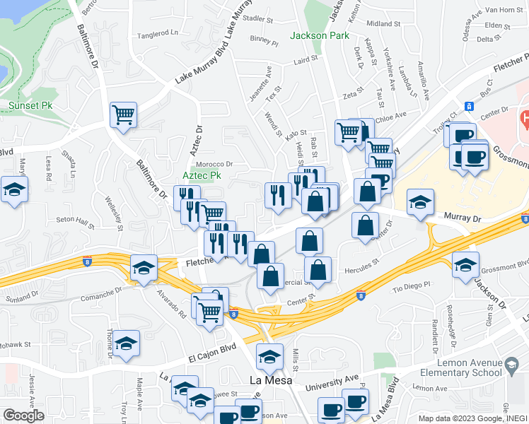 map of restaurants, bars, coffee shops, grocery stores, and more near 5360 Marengo Avenue in La Mesa