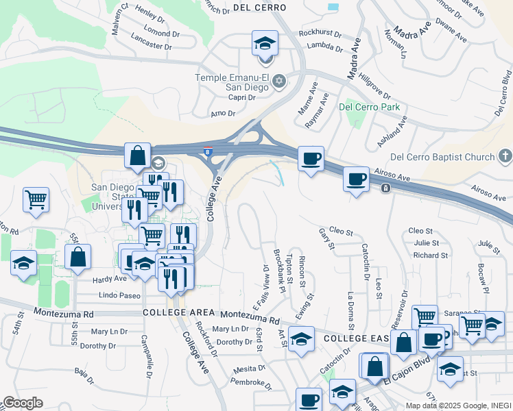 map of restaurants, bars, coffee shops, grocery stores, and more near 5416 Brockbank Place in San Diego