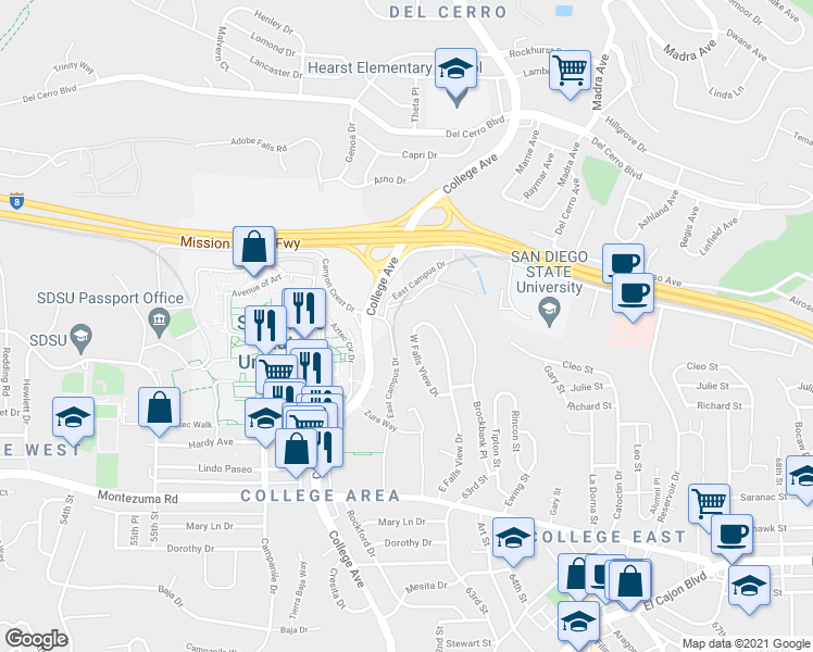map of restaurants, bars, coffee shops, grocery stores, and more near 5372 West Falls View Drive in San Diego