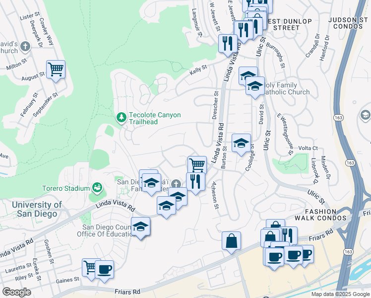 map of restaurants, bars, coffee shops, grocery stores, and more near 6640 Glidden Street in San Diego