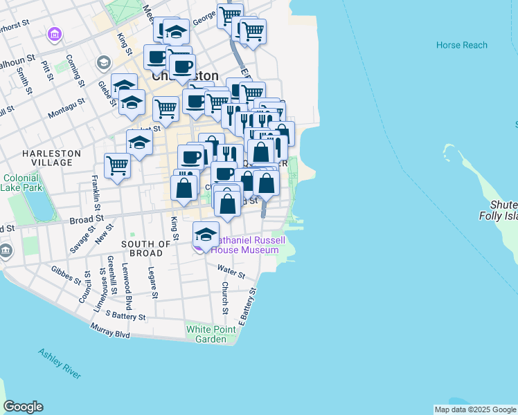 map of restaurants, bars, coffee shops, grocery stores, and more near in Charleston