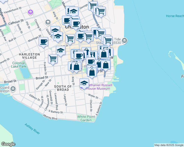 map of restaurants, bars, coffee shops, grocery stores, and more near 43 Broad Street in Charleston