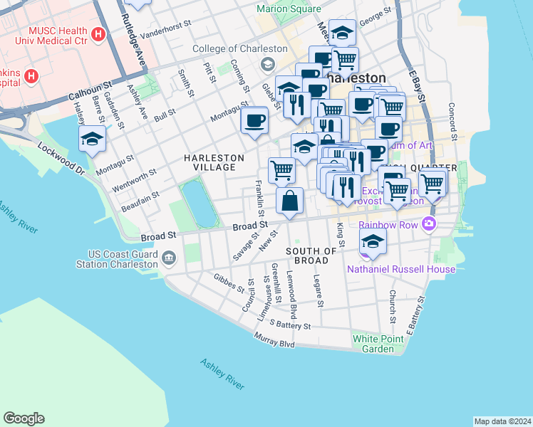 map of restaurants, bars, coffee shops, grocery stores, and more near 154 Broad Street in Charleston